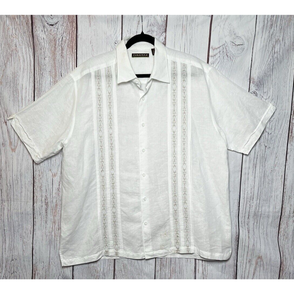 Cubavera Men's XL White Button Up Shirt Short Sleeve Linen Cotton